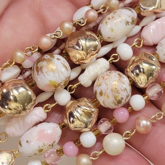 Vintage Pink White & Gold Multi-Strand Beaded Necklace with Layered Design Style - Picture 9 of 10